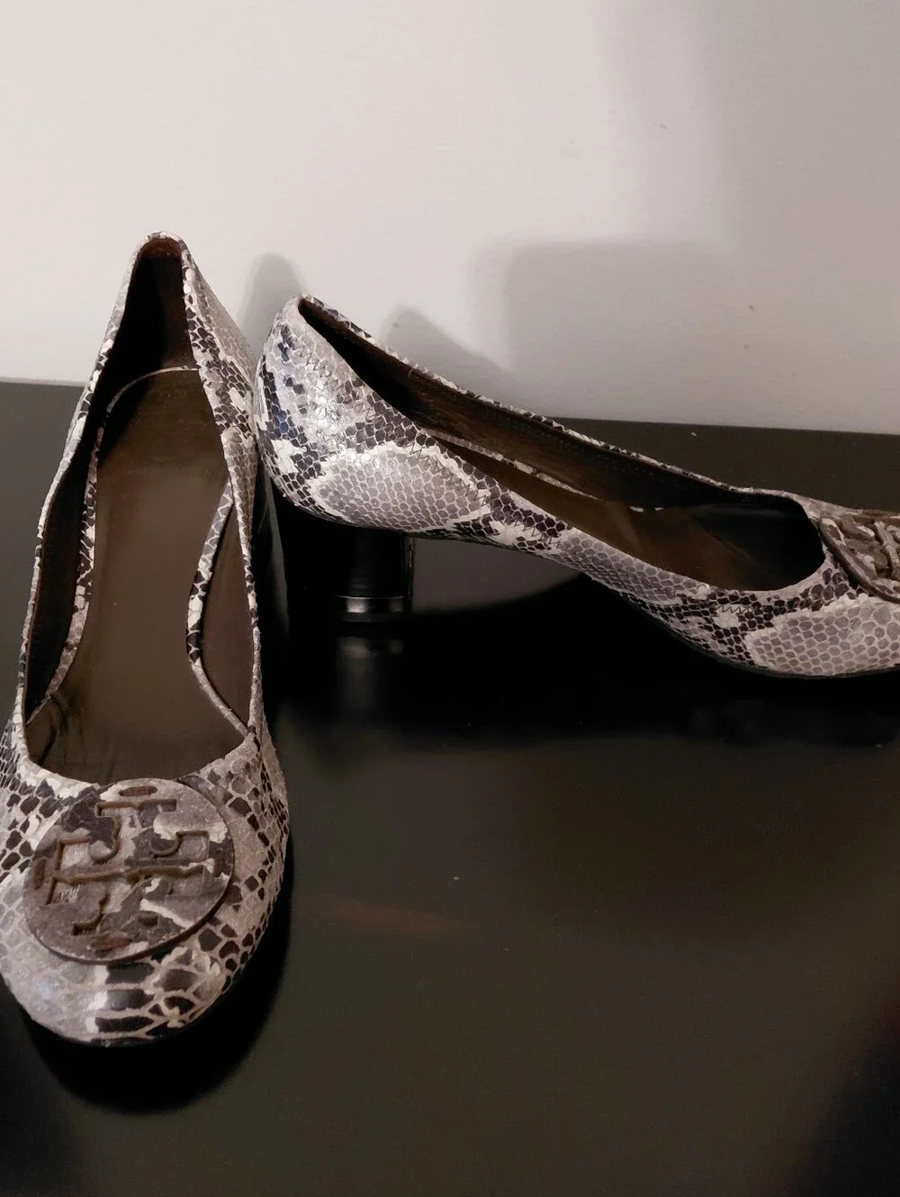 Tory Burch Women's Snake-Print Block Heel Pumps in Gray